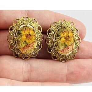 Vintage West Germany Flower Oval Sugar Earrings Clip -on Floral Orange Filligree